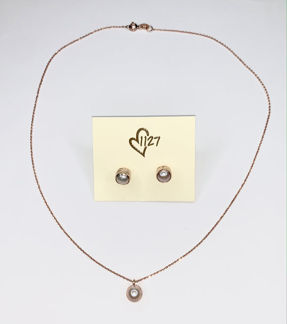 1127 Floating Rose Gold Pearl Pendant with Earrings