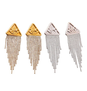 Evil Eye Triangular Gold Plated Bead Tassels Earrings