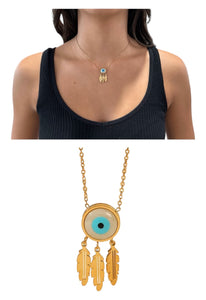 Round Evil Eye Triple Feathers Gold Plated Necklace