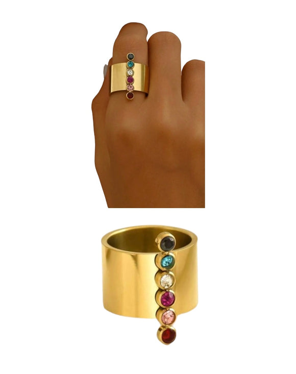 Gold Plated Cigar Band Ring with Multi-Colored Stones